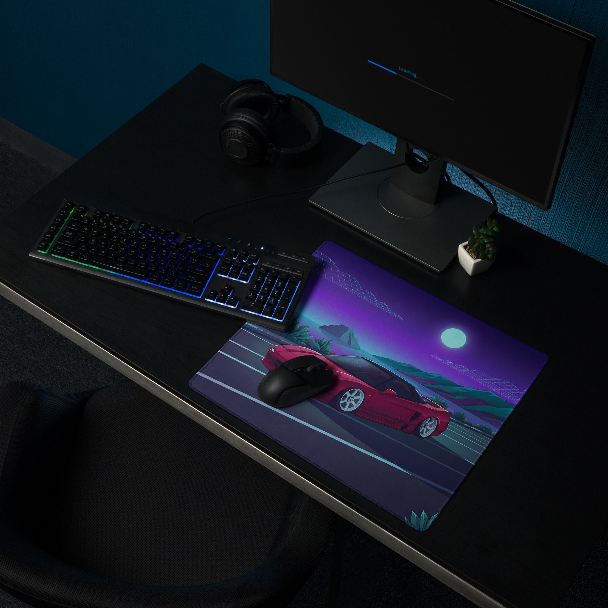 Honda NSX Inspired Red Purple Vaporwave Gaming Mouse Pad, Neon JDM Supercar Desk Mat with Retro Futuristic Moonlit Coastal Crystal Artwork