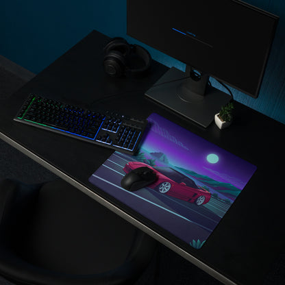Honda NSX Inspired Red Purple Vaporwave Gaming Mouse Pad, Neon JDM Supercar Desk Mat with Retro Futuristic Moonlit Coastal Crystal Artwork