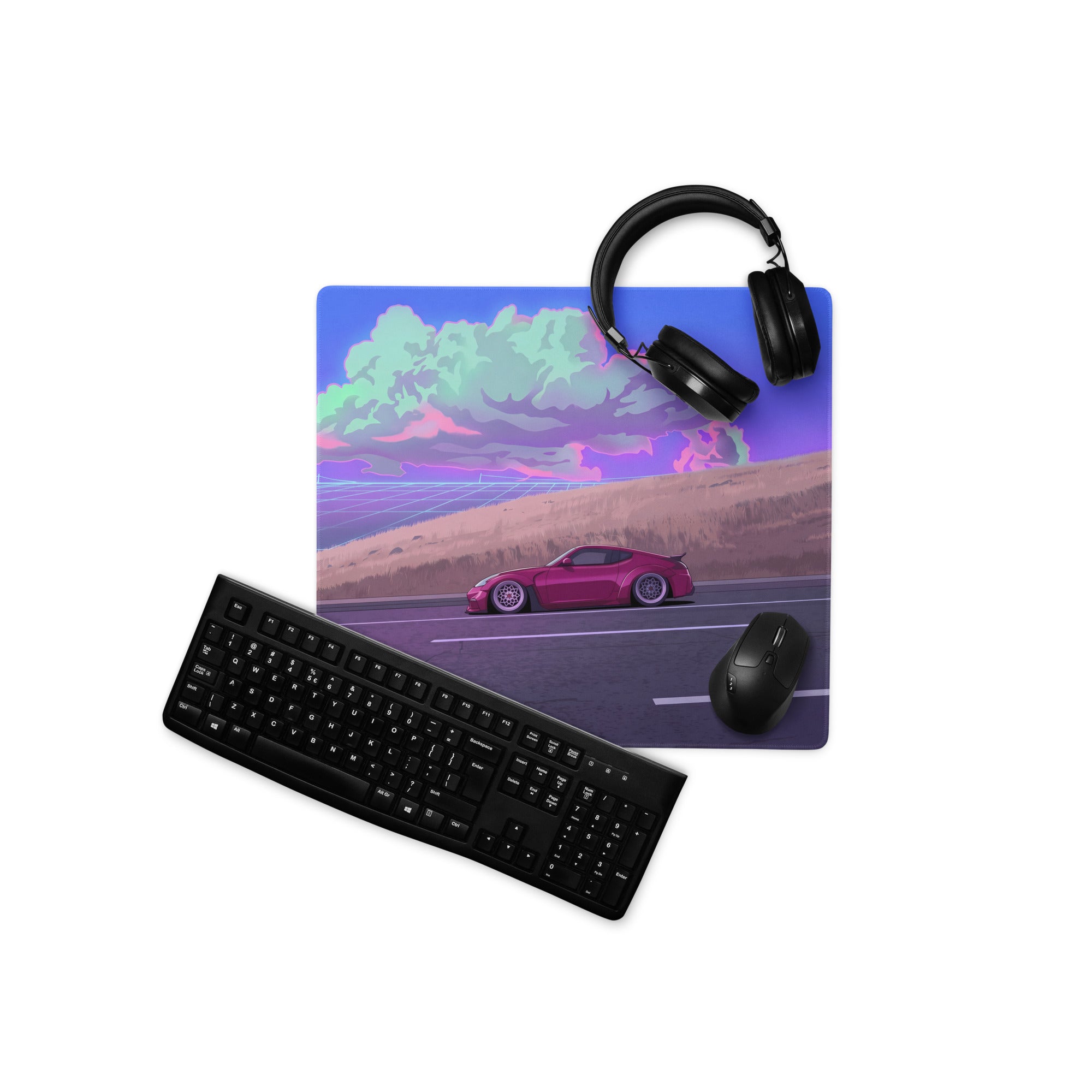 Nissan 370Z Z34 Inspired Magenta Blue Vaporwave Gaming Mouse Pad, Neon JDM Sports Car Desk Mat with Retro Futuristic Highway Cloud Artwork