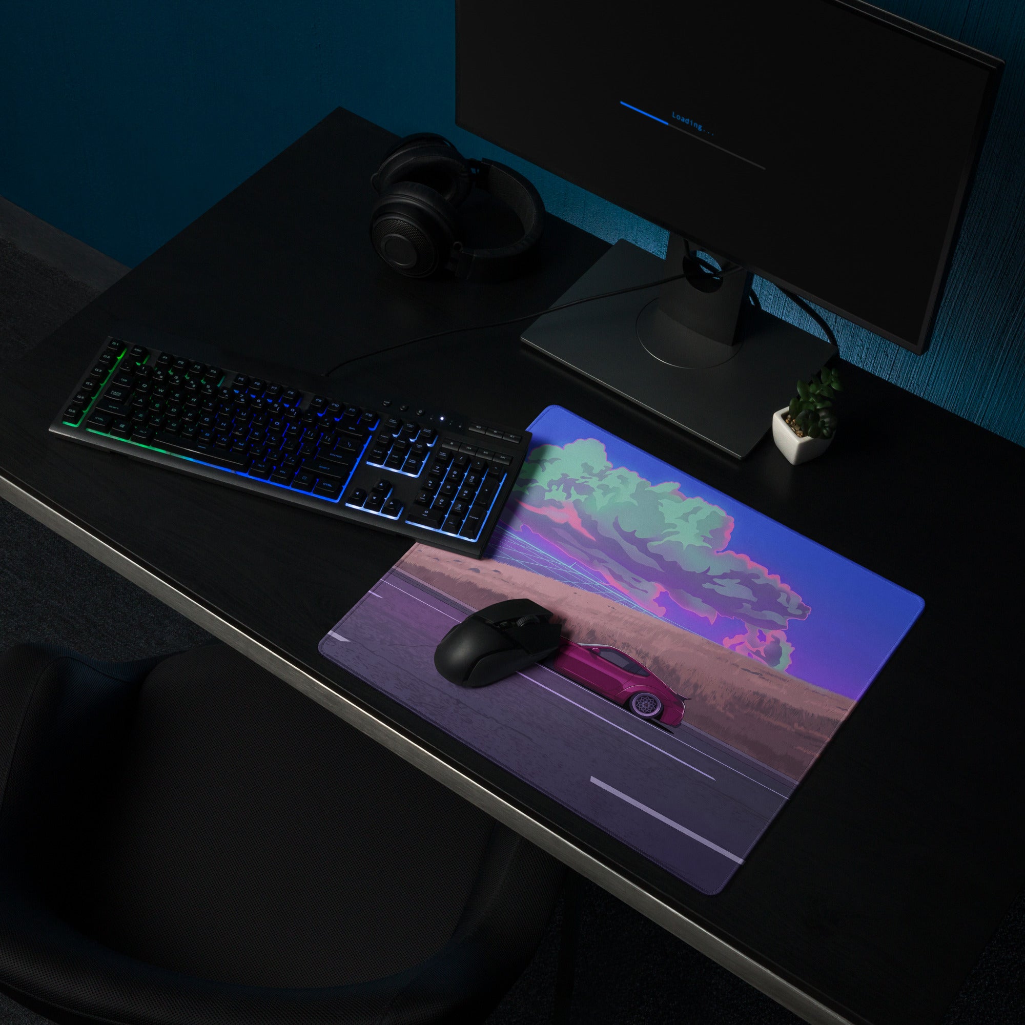 Nissan 370Z Z34 Inspired Magenta Blue Vaporwave Gaming Mouse Pad, Neon JDM Sports Car Desk Mat with Retro Futuristic Highway Cloud Artwork