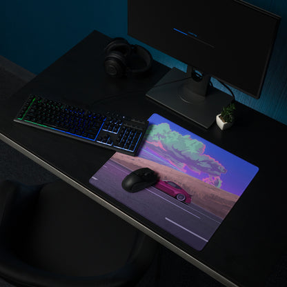 Nissan 370Z Z34 Inspired Magenta Blue Vaporwave Gaming Mouse Pad, Neon JDM Sports Car Desk Mat with Retro Futuristic Highway Cloud Artwork