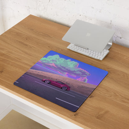 Nissan 370Z Z34 Inspired Magenta Blue Vaporwave Gaming Mouse Pad, Neon JDM Sports Car Desk Mat with Retro Futuristic Highway Cloud Artwork