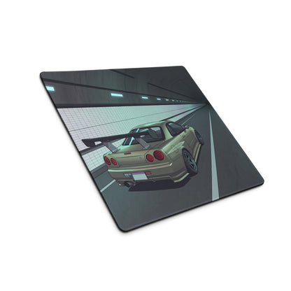 Nissan Skyline GT-R R34 Inspired Silver Blue Vaporwave Gaming Mouse Pad, JDM Sports Car Desk Mat with Futuristic Neon Tunnel Artwork