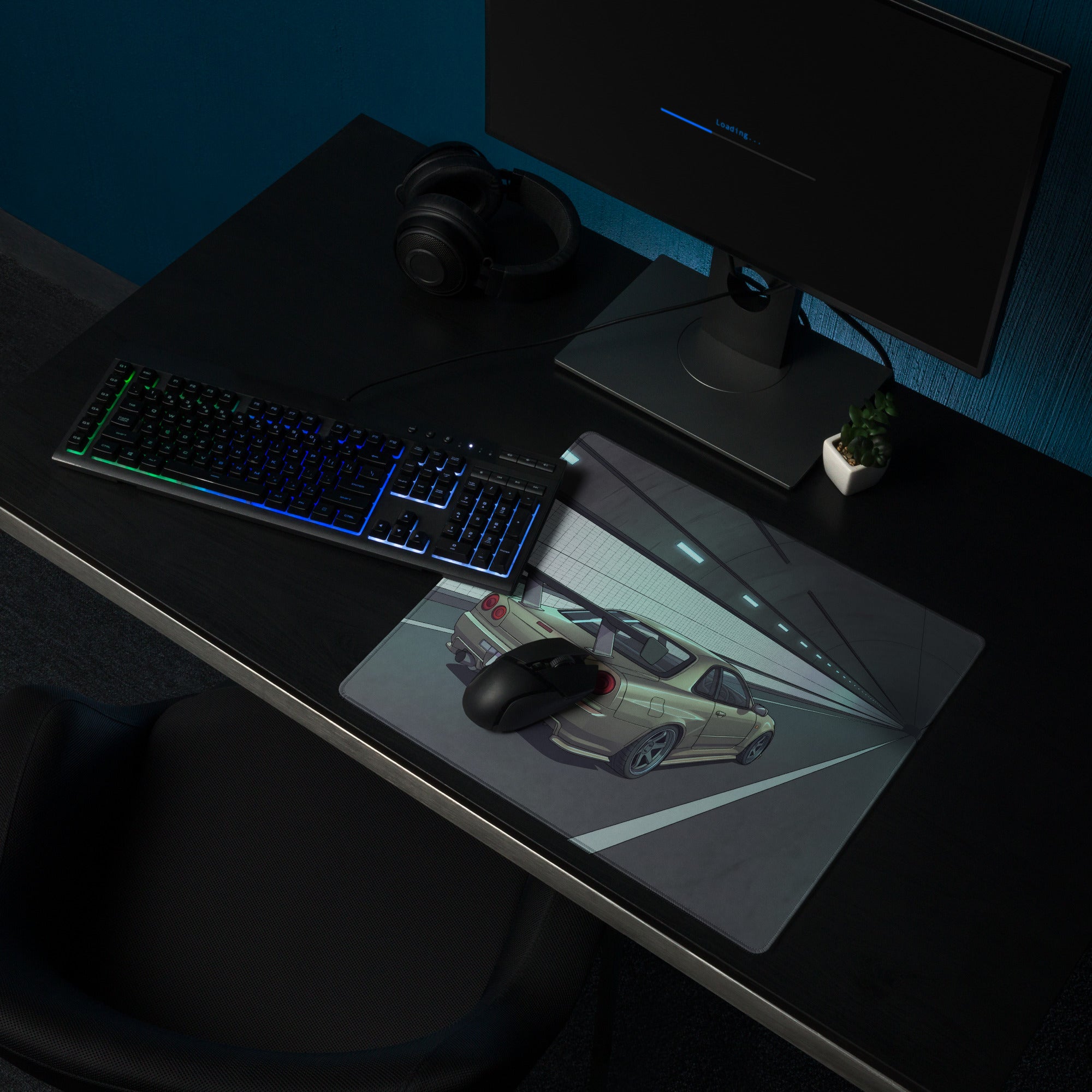 Nissan Skyline GT-R R34 Inspired Silver Blue Vaporwave Gaming Mouse Pad, JDM Sports Car Desk Mat with Futuristic Neon Tunnel Artwork