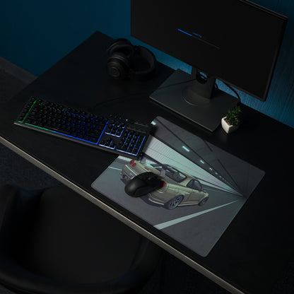 Nissan Skyline GT-R R34 Inspired Silver Blue Vaporwave Gaming Mouse Pad, JDM Sports Car Desk Mat with Futuristic Neon Tunnel Artwork
