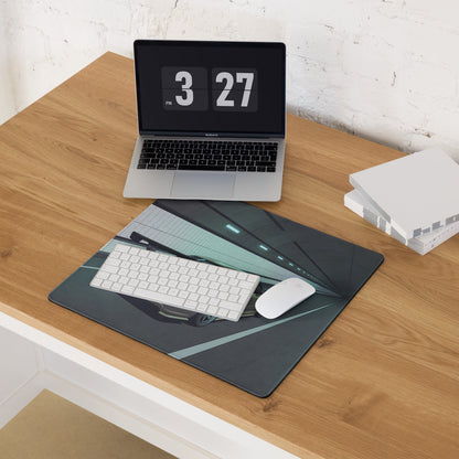 Nissan Skyline GT-R R34 Inspired Silver Blue Vaporwave Gaming Mouse Pad, JDM Sports Car Desk Mat with Futuristic Neon Tunnel Artwork