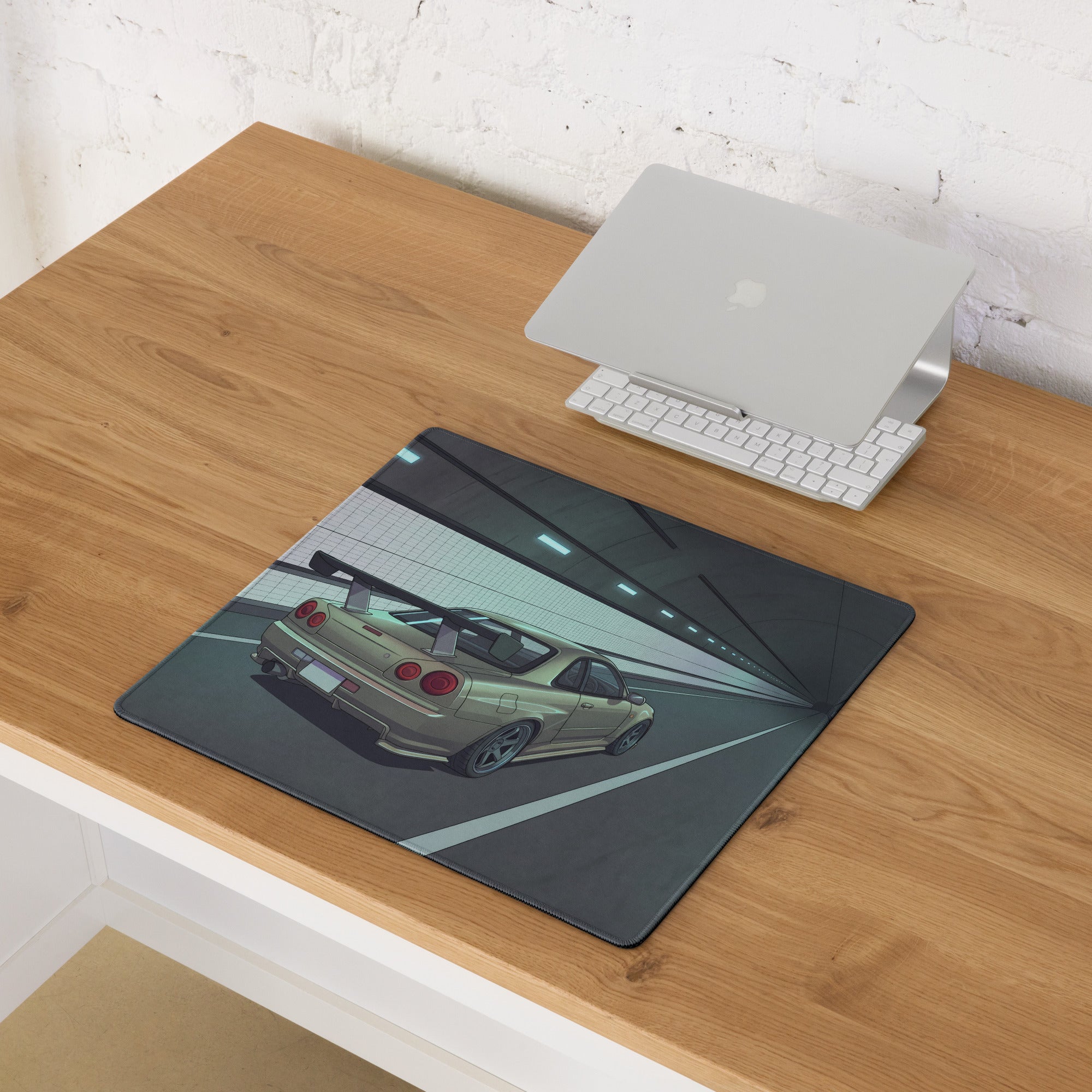 Nissan Skyline GT-R R34 Inspired Silver Blue Vaporwave Gaming Mouse Pad, JDM Sports Car Desk Mat with Futuristic Neon Tunnel Artwork