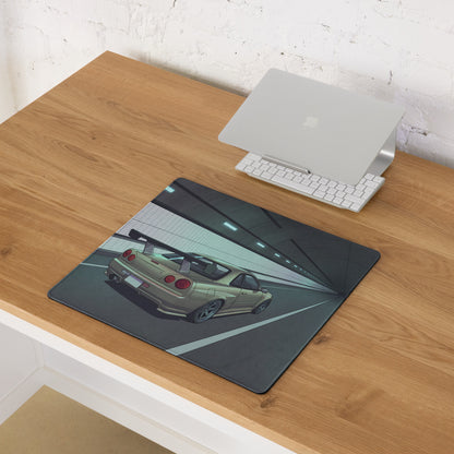 Nissan Skyline GT-R R34 Inspired Silver Blue Vaporwave Gaming Mouse Pad, JDM Sports Car Desk Mat with Futuristic Neon Tunnel Artwork
