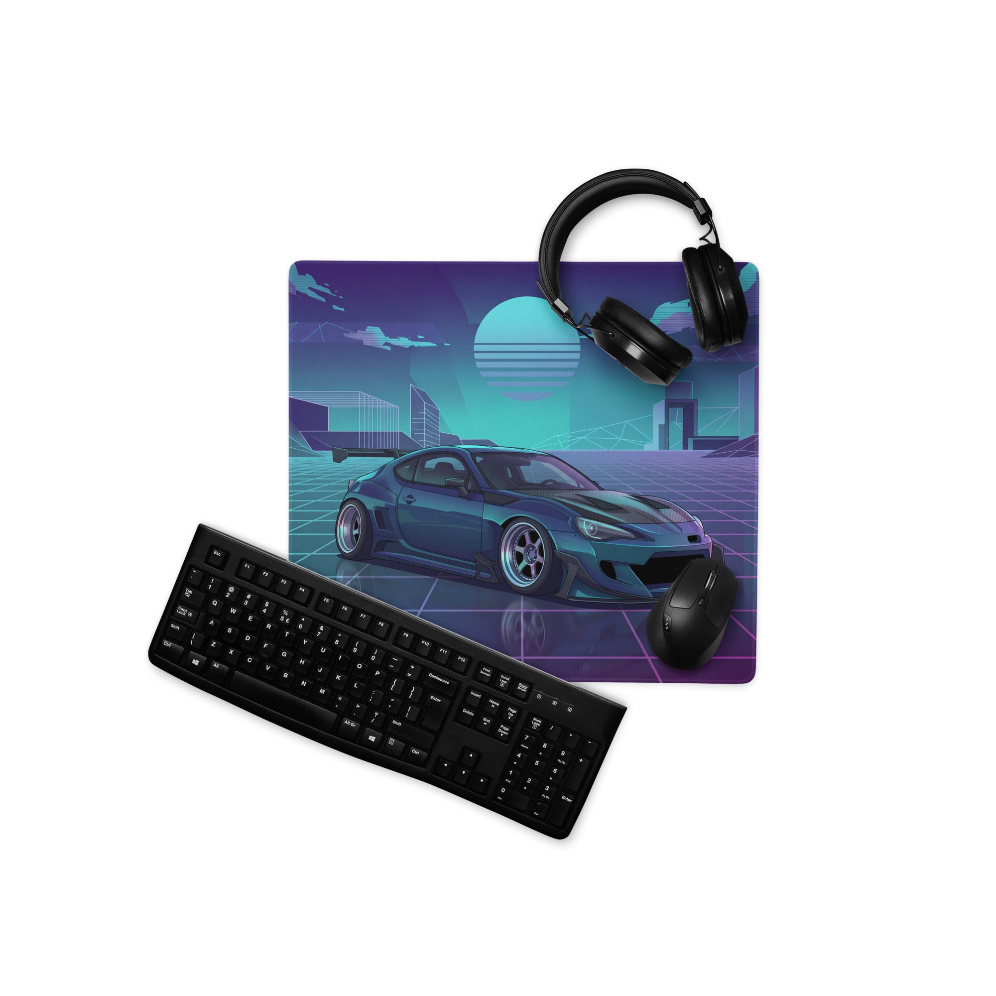 Toyota 86 Inspired Teal Purple Vaporwave Gaming Mouse Pad, Neon JDM Sports Car Desk Mat with Retro Futuristic Cyber Grid City Artwork