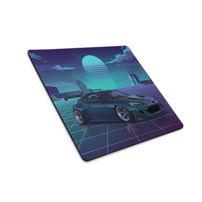 Toyota 86 Inspired Teal Purple Vaporwave Gaming Mouse Pad, Neon JDM Sports Car Desk Mat with Retro Futuristic Cyber Grid City Artwork