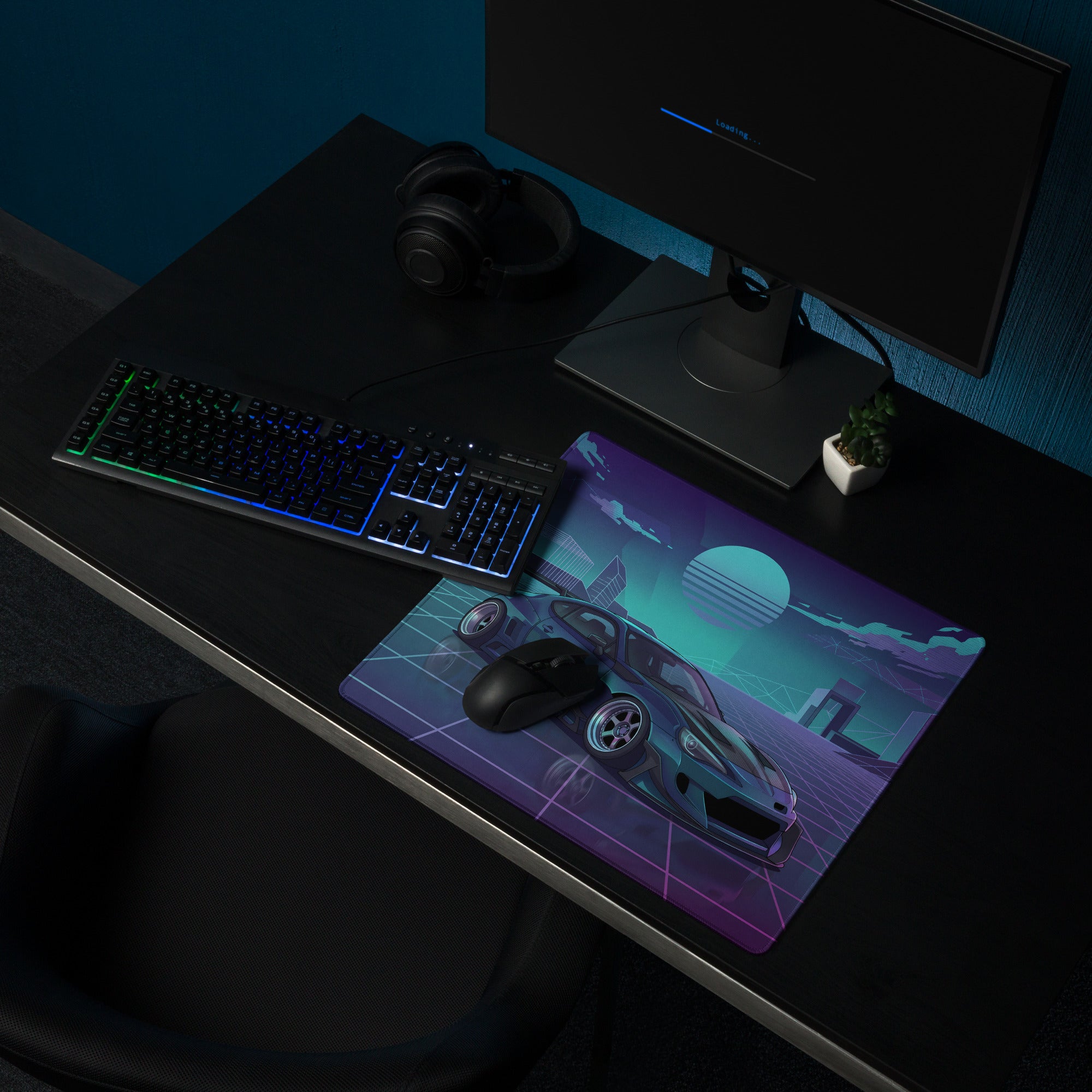 Toyota 86 Inspired Teal Purple Vaporwave Gaming Mouse Pad, Neon JDM Sports Car Desk Mat with Retro Futuristic Cyber Grid City Artwork