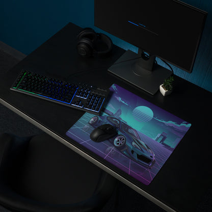 Toyota 86 Inspired Teal Purple Vaporwave Gaming Mouse Pad, Neon JDM Sports Car Desk Mat with Retro Futuristic Cyber Grid City Artwork