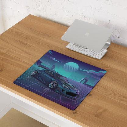 Toyota 86 Inspired Teal Purple Vaporwave Gaming Mouse Pad, Neon JDM Sports Car Desk Mat with Retro Futuristic Cyber Grid City Artwork