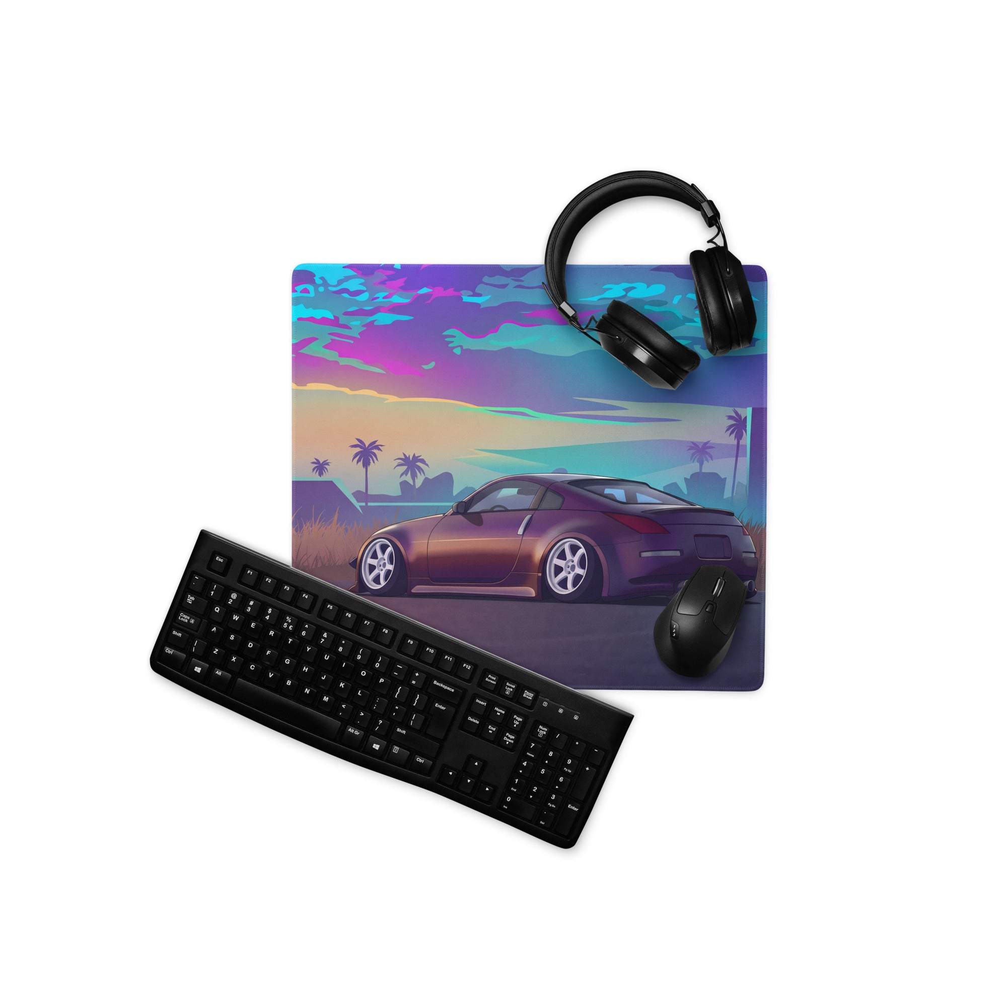Nissan 350Z Z33 Inspired Purple Blue Vaporwave Gaming Mouse Pad, Neon JDM Sports Car Desk Mat with Retro Futuristic Tropical Sunset Art
