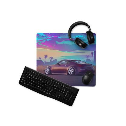 Nissan 350Z Z33 Inspired Purple Blue Vaporwave Gaming Mouse Pad, Neon JDM Sports Car Desk Mat with Retro Futuristic Tropical Sunset Art
