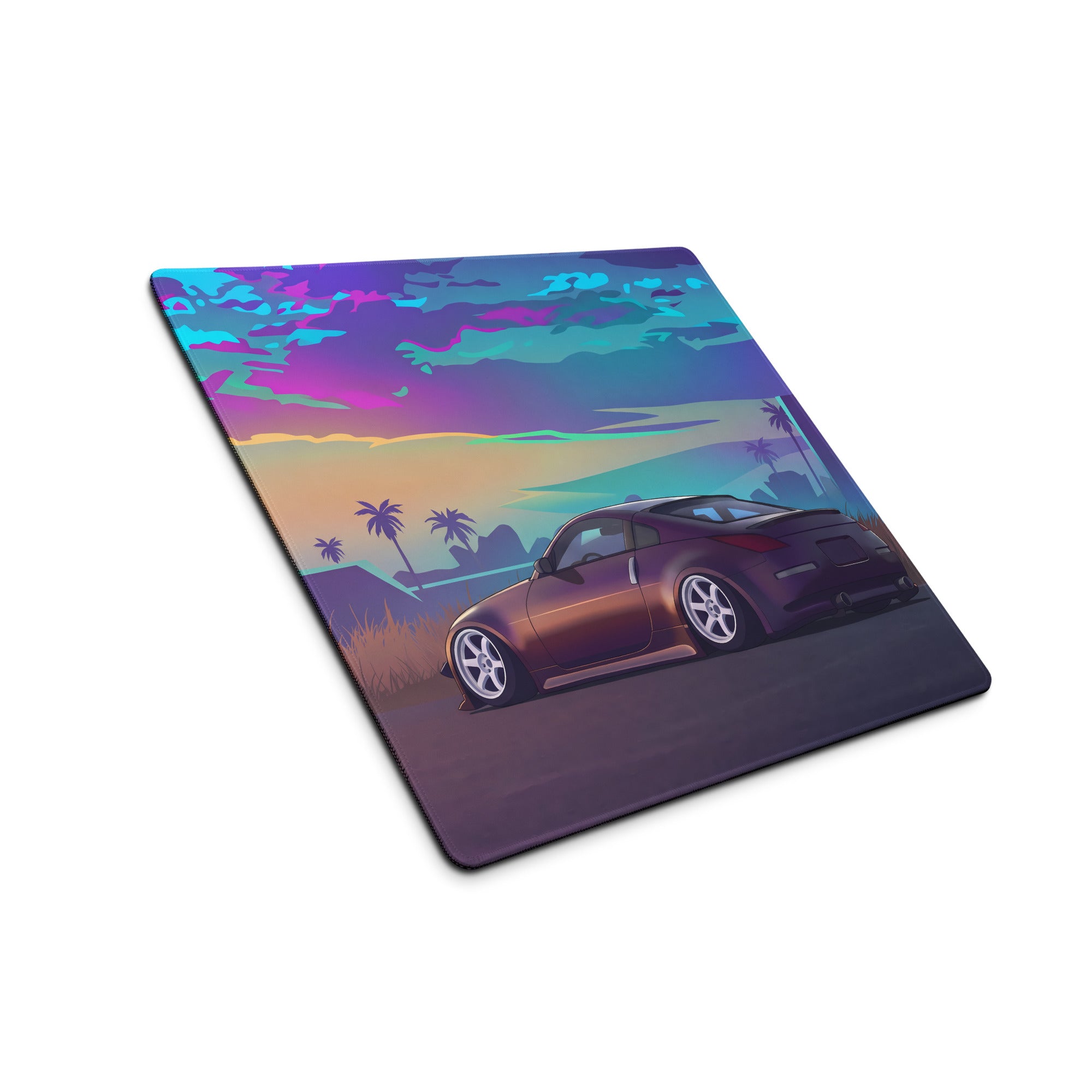 Nissan 350Z Z33 Inspired Purple Blue Vaporwave Gaming Mouse Pad, Neon JDM Sports Car Desk Mat with Retro Futuristic Tropical Sunset Art