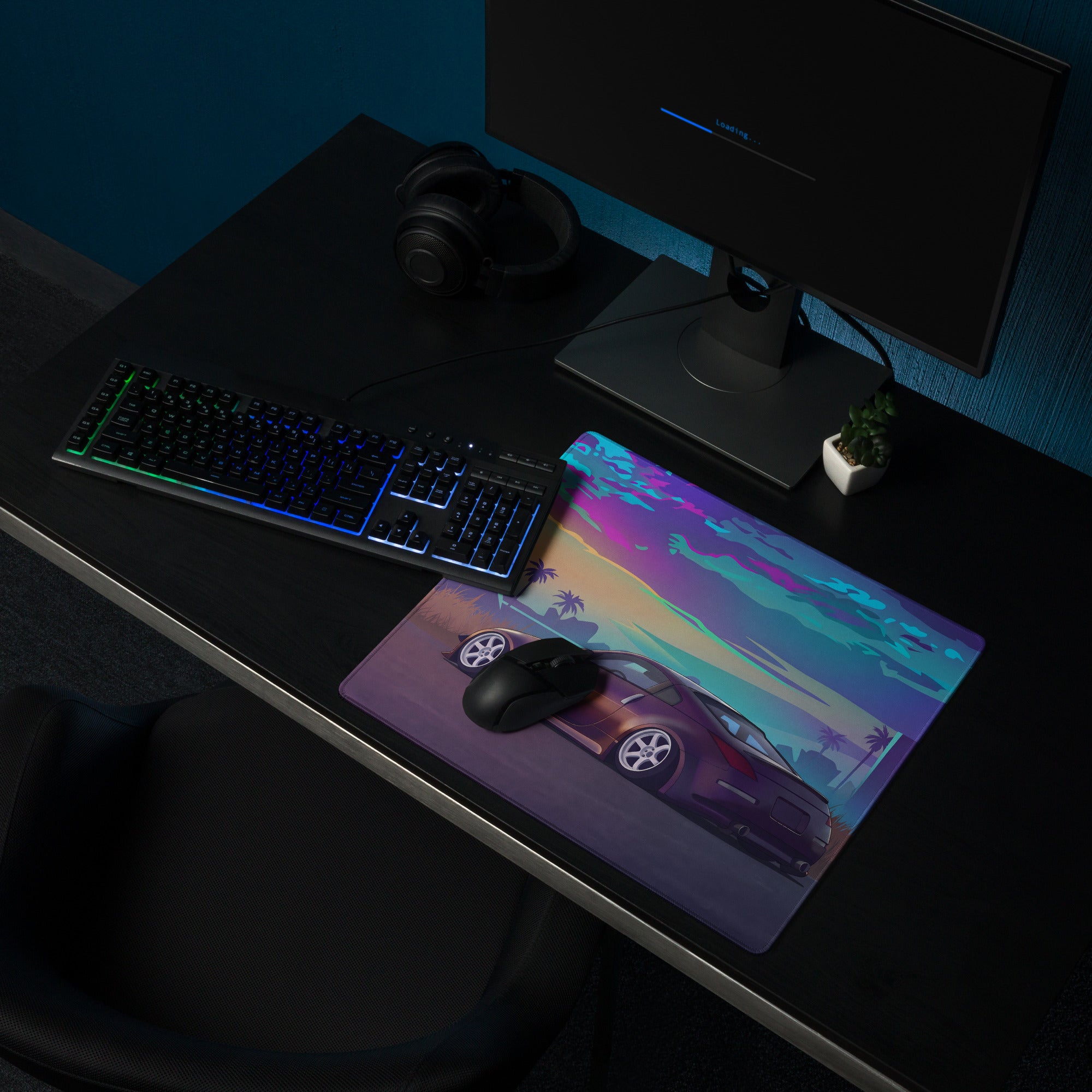 Nissan 350Z Z33 Inspired Purple Blue Vaporwave Gaming Mouse Pad, Neon JDM Sports Car Desk Mat with Retro Futuristic Tropical Sunset Art