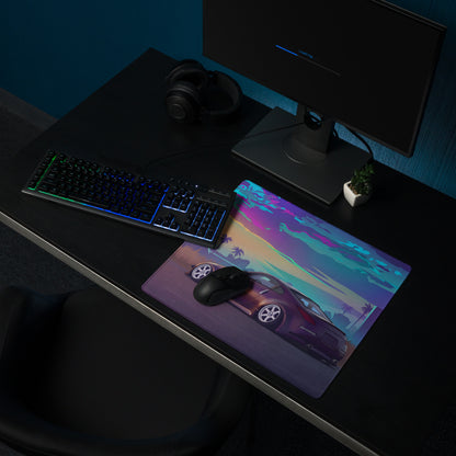 Nissan 350Z Z33 Inspired Purple Blue Vaporwave Gaming Mouse Pad, Neon JDM Sports Car Desk Mat with Retro Futuristic Tropical Sunset Art