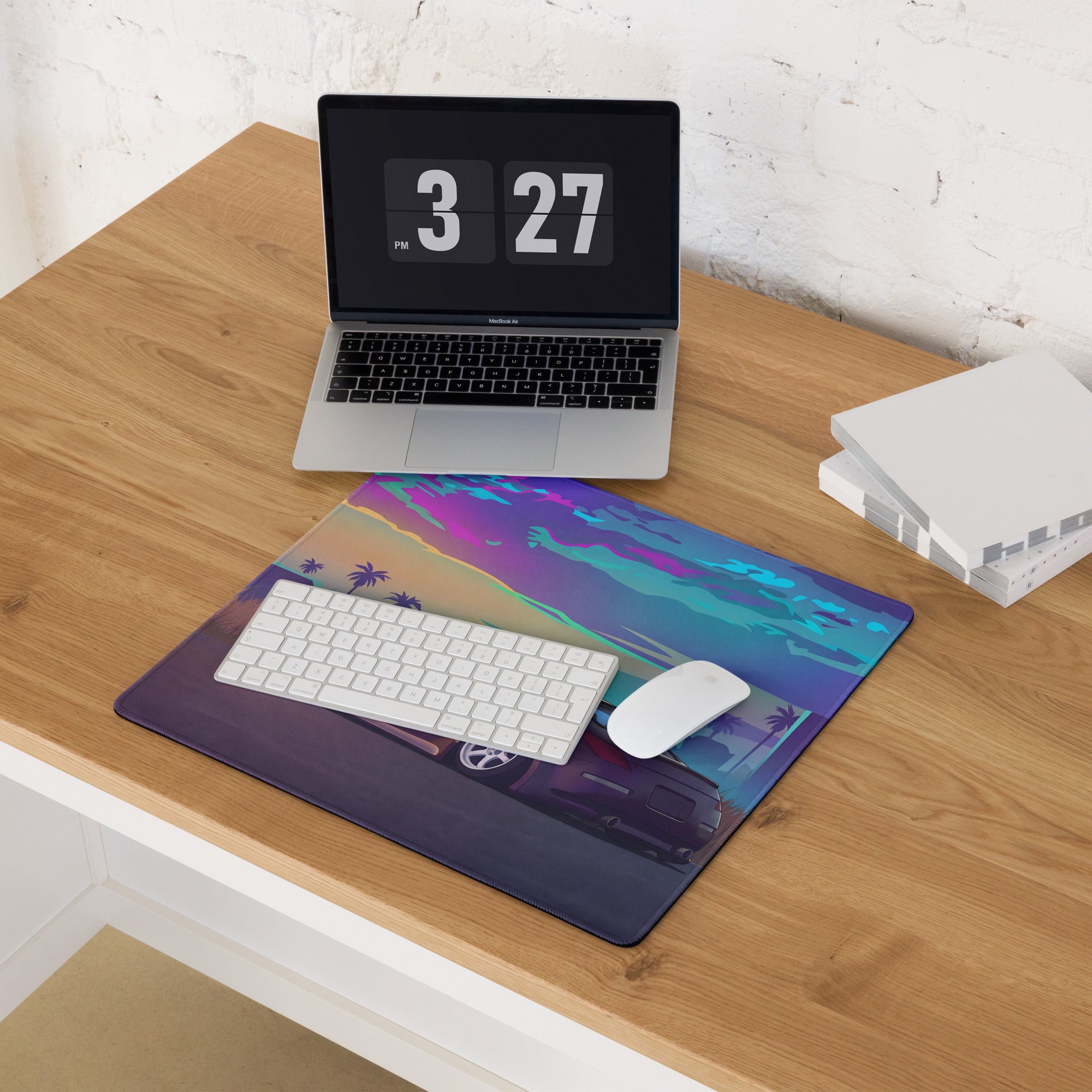 Nissan 350Z Z33 Inspired Purple Blue Vaporwave Gaming Mouse Pad, Neon JDM Sports Car Desk Mat with Retro Futuristic Tropical Sunset Art