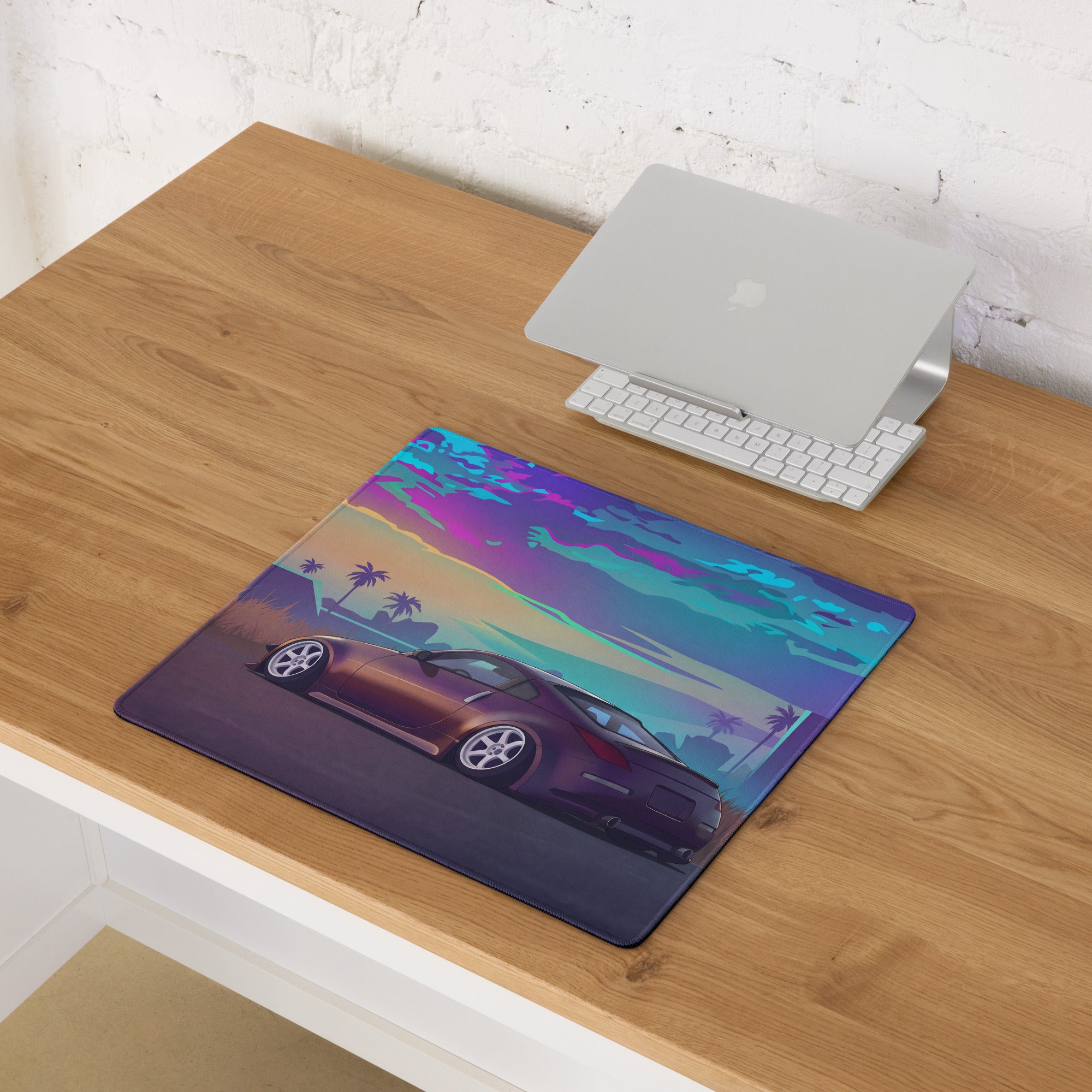 Nissan 350Z Z33 Inspired Purple Blue Vaporwave Gaming Mouse Pad, Neon JDM Sports Car Desk Mat with Retro Futuristic Tropical Sunset Art