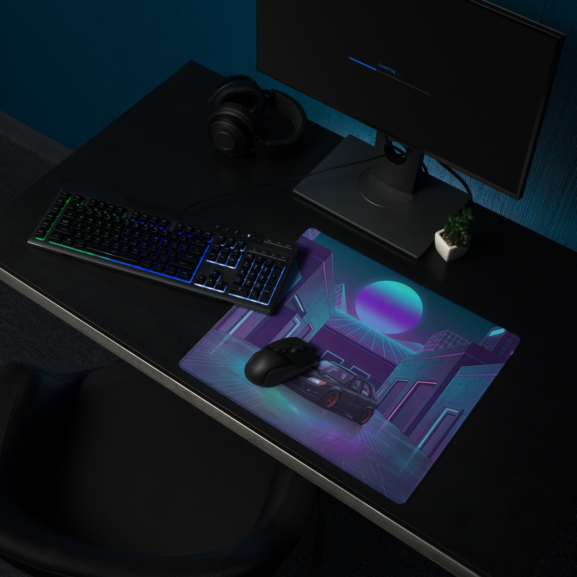 Subaru Impreza WRX Wagon Inspired Black Purple Vaporwave Gaming Mouse Pad, Neon JDM Tuner Car Desk Mat with Retro Futuristic Cyber City Art