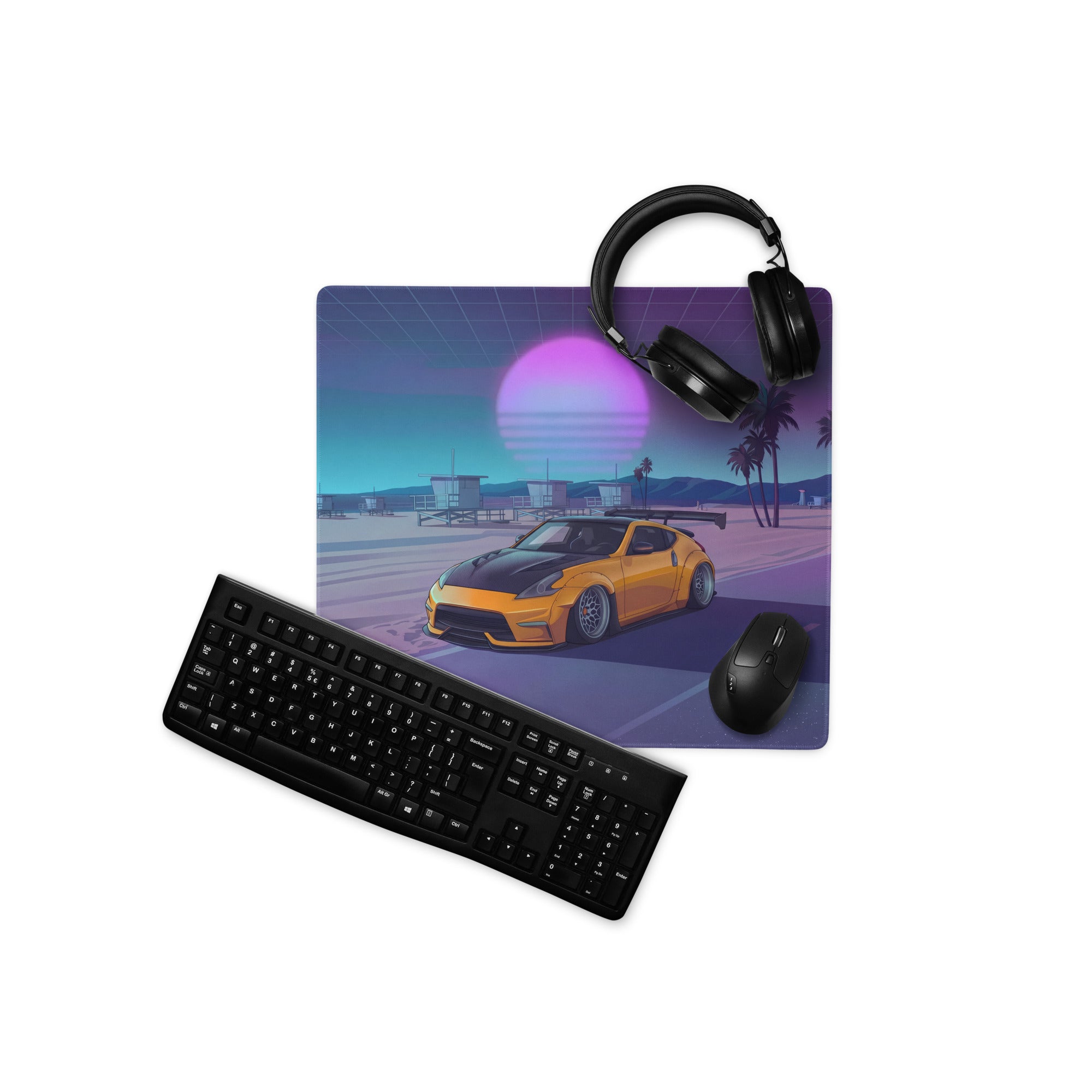 Nissan 370Z Z34 Inspired Orange Purple Vaporwave Gaming Mouse Pad, Neon JDM Sports Car Desk Mat with Retro Futuristic Beach Sunset Art