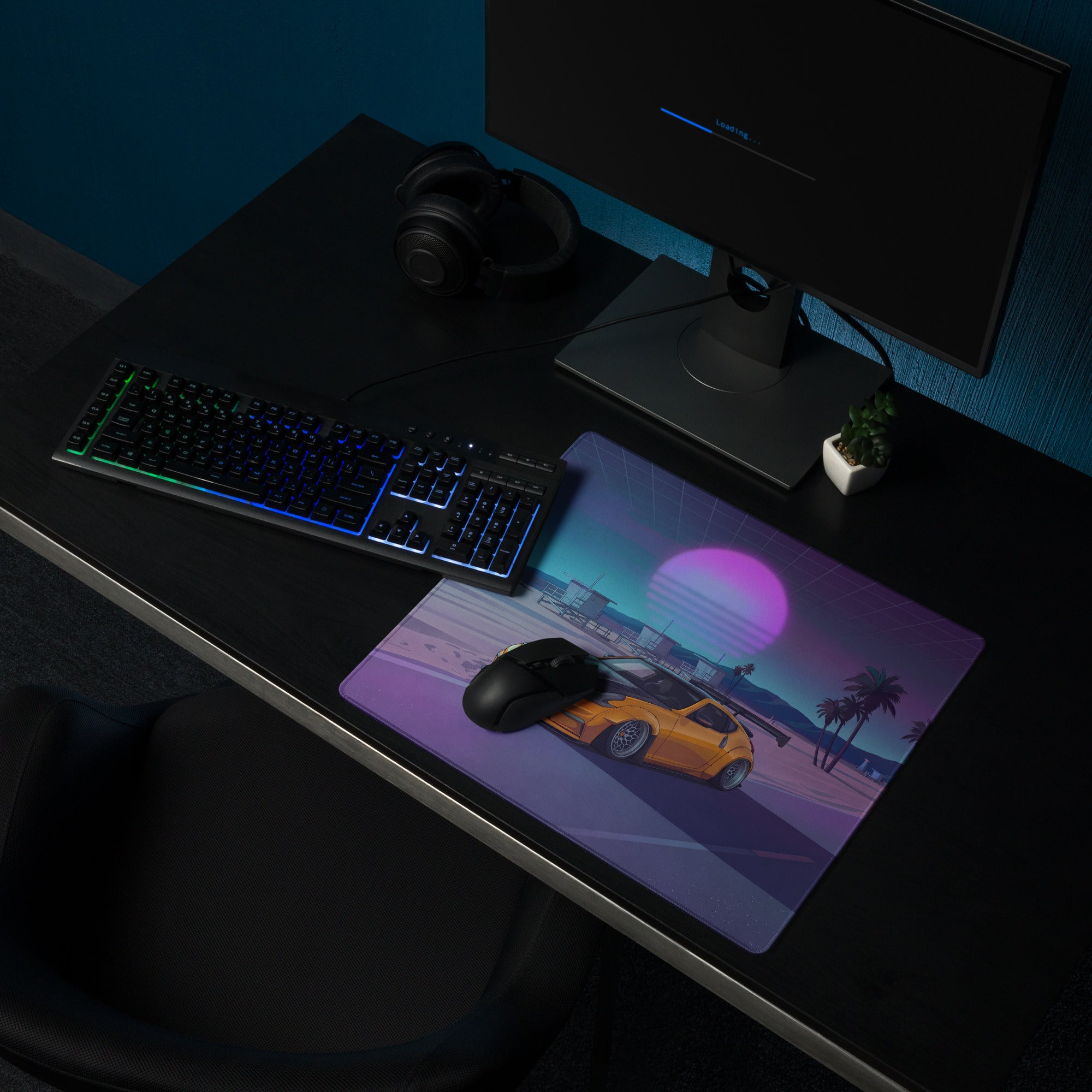 Nissan 370Z Z34 Inspired Orange Purple Vaporwave Gaming Mouse Pad, Neon JDM Sports Car Desk Mat with Retro Futuristic Beach Sunset Art