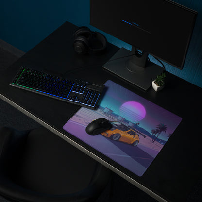 Nissan 370Z Z34 Inspired Orange Purple Vaporwave Gaming Mouse Pad, Neon JDM Sports Car Desk Mat with Retro Futuristic Beach Sunset Art