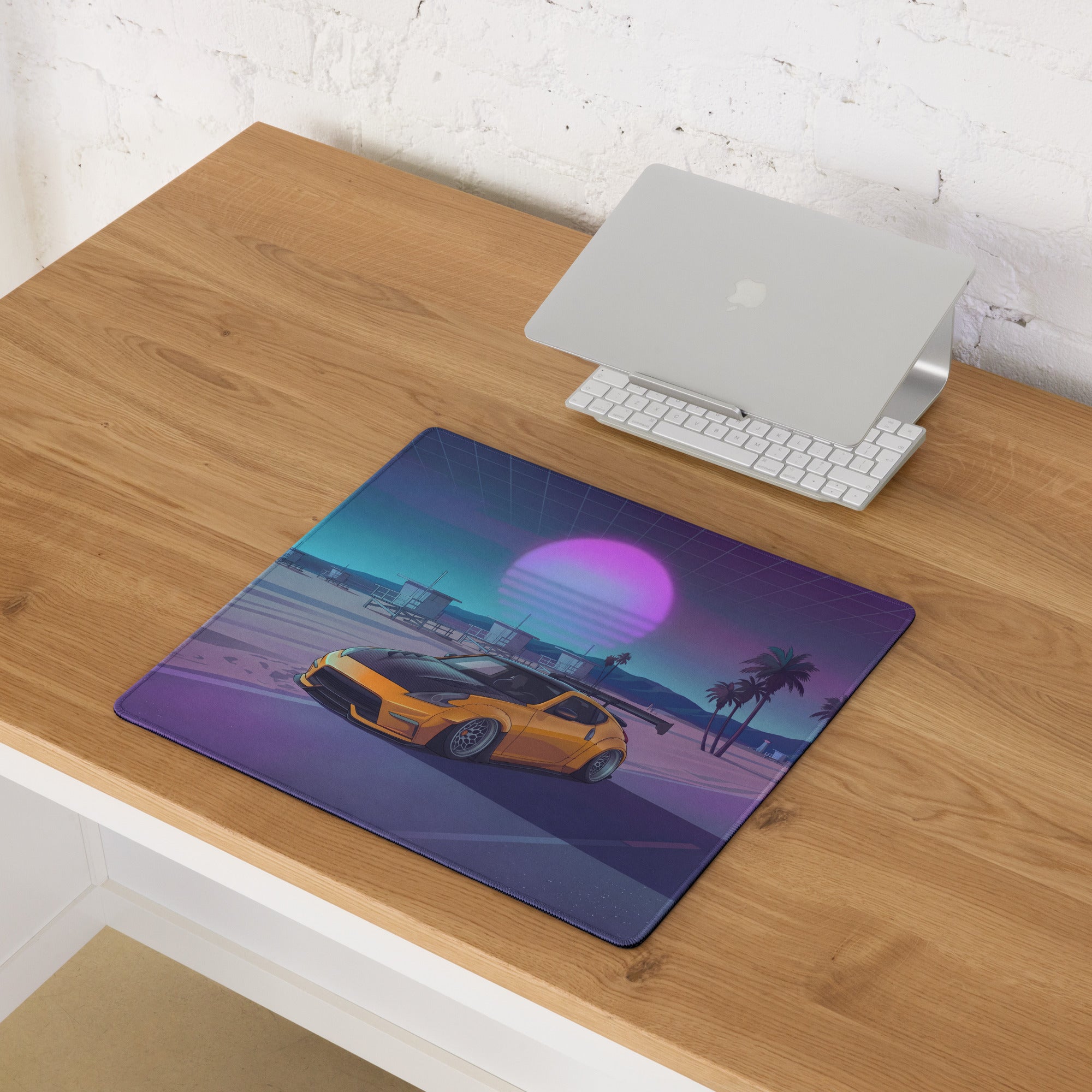 Nissan 370Z Z34 Inspired Orange Purple Vaporwave Gaming Mouse Pad, Neon JDM Sports Car Desk Mat with Retro Futuristic Beach Sunset Art