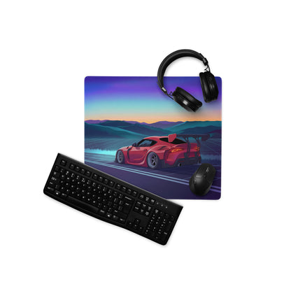 Toyota GR Supra A90 Inspired Red Blue Vaporwave Gaming Mouse Pad, Neon JDM Sports Car Desk Mat with Retro Futuristic Sunset Mountain Art