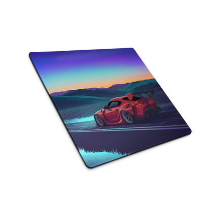 Toyota GR Supra A90 Inspired Red Blue Vaporwave Gaming Mouse Pad, Neon JDM Sports Car Desk Mat with Retro Futuristic Sunset Mountain Art