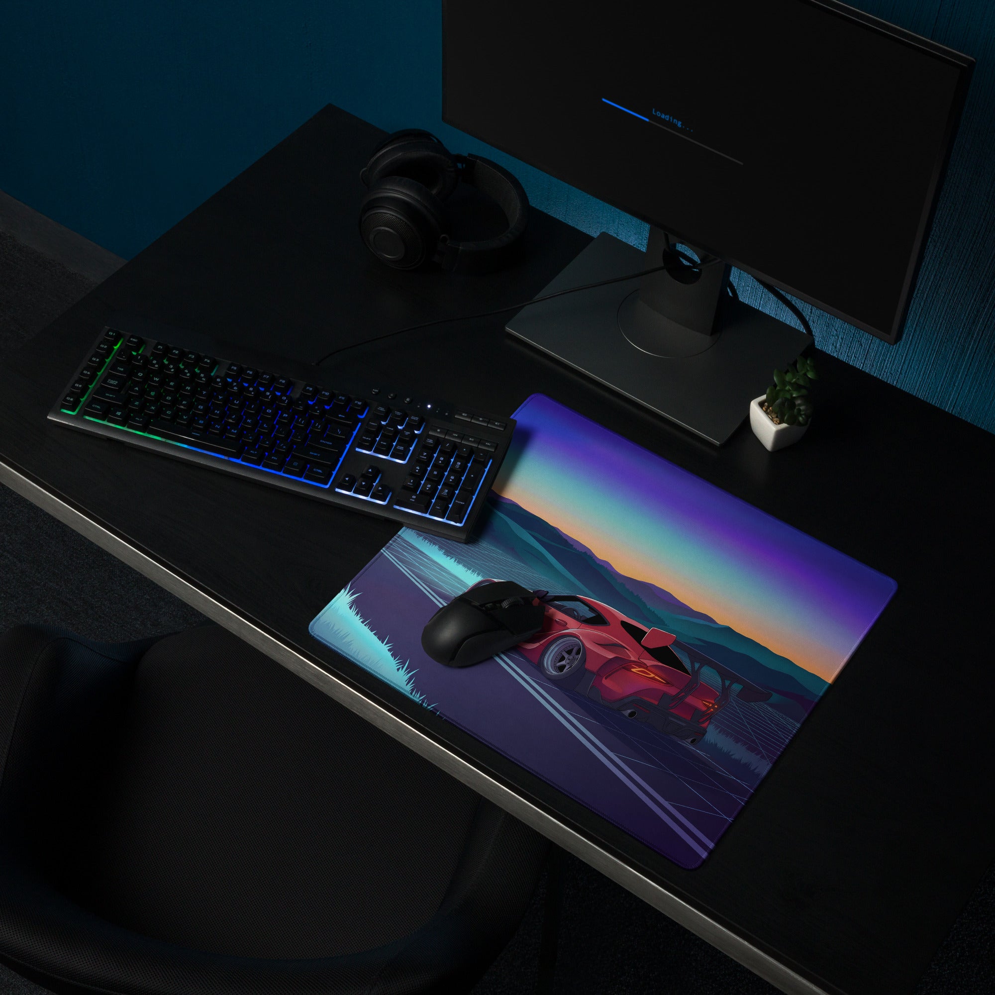 Toyota GR Supra A90 Inspired Red Blue Vaporwave Gaming Mouse Pad, Neon JDM Sports Car Desk Mat with Retro Futuristic Sunset Mountain Art