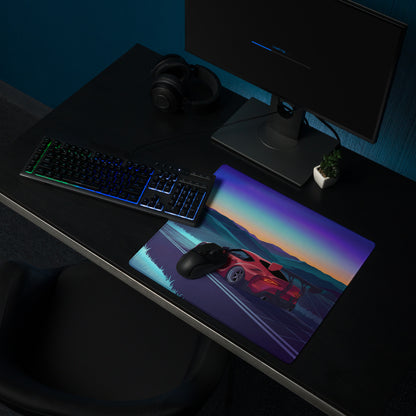 Toyota GR Supra A90 Inspired Red Blue Vaporwave Gaming Mouse Pad, Neon JDM Sports Car Desk Mat with Retro Futuristic Sunset Mountain Art