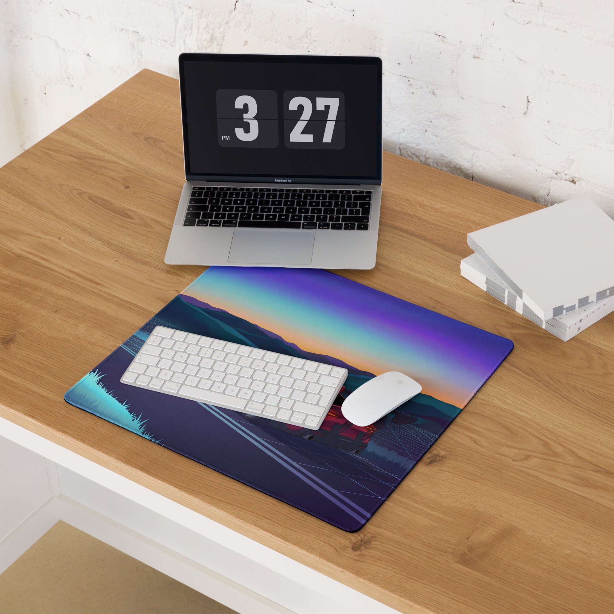 Toyota GR Supra A90 Inspired Red Blue Vaporwave Gaming Mouse Pad, Neon JDM Sports Car Desk Mat with Retro Futuristic Sunset Mountain Art
