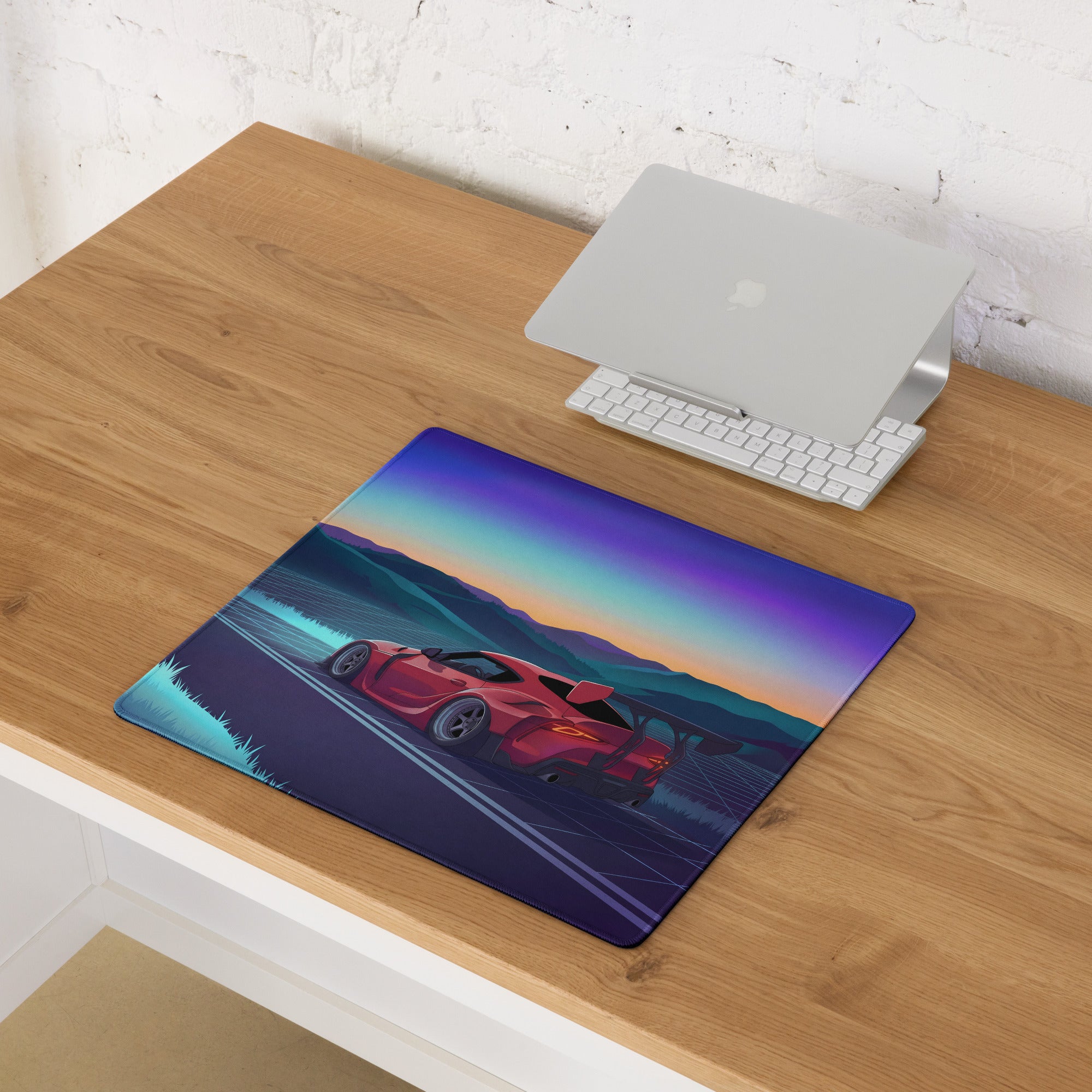 Toyota GR Supra A90 Inspired Red Blue Vaporwave Gaming Mouse Pad, Neon JDM Sports Car Desk Mat with Retro Futuristic Sunset Mountain Art