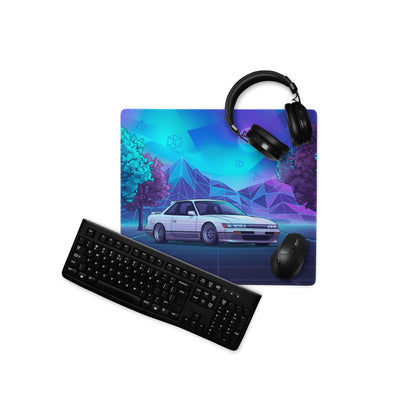 Nissan Silvia S13 Inspired White Blue Vaporwave Gaming Mouse Pad, Neon JDM Drift Car Desk Mat with Retro Futuristic Mountain Landscape Art