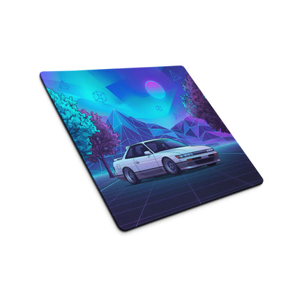 Nissan Silvia S13 Inspired White Blue Vaporwave Gaming Mouse Pad, Neon JDM Drift Car Desk Mat with Retro Futuristic Mountain Landscape Art