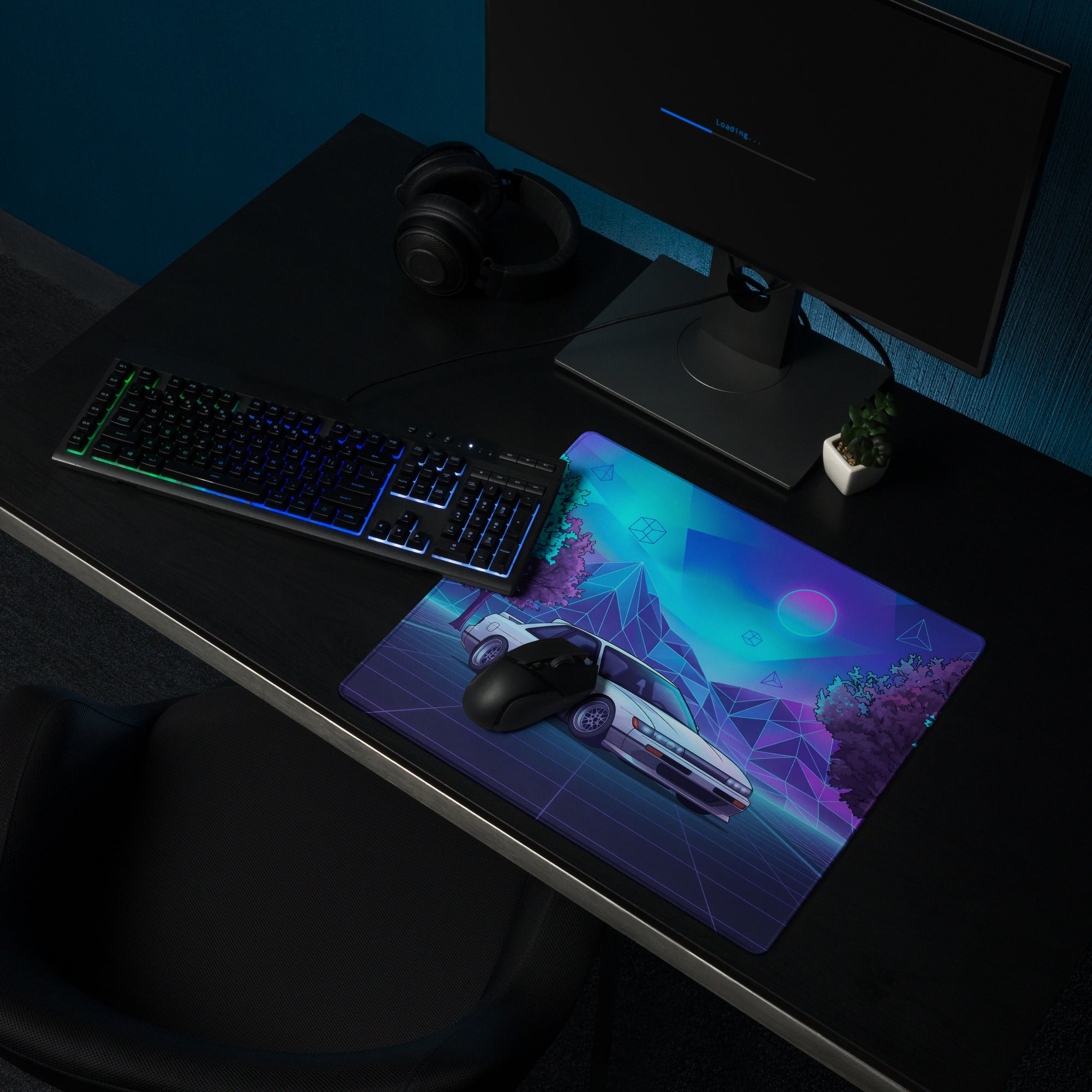 Nissan Silvia S13 Inspired White Blue Vaporwave Gaming Mouse Pad, Neon JDM Drift Car Desk Mat with Retro Futuristic Mountain Landscape Art