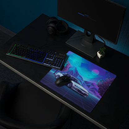 Nissan Silvia S13 Inspired White Blue Vaporwave Gaming Mouse Pad, Neon JDM Drift Car Desk Mat with Retro Futuristic Mountain Landscape Art
