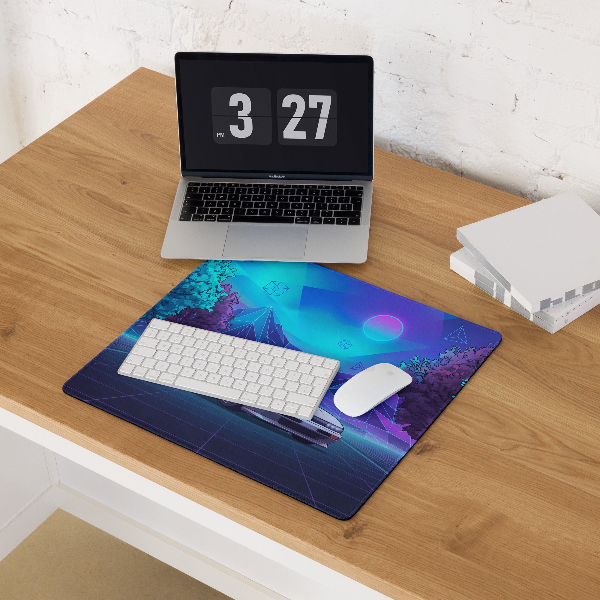 Nissan Silvia S13 Inspired White Blue Vaporwave Gaming Mouse Pad, Neon JDM Drift Car Desk Mat with Retro Futuristic Mountain Landscape Art