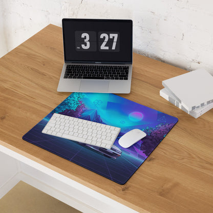 Nissan Silvia S13 Inspired White Blue Vaporwave Gaming Mouse Pad, Neon JDM Drift Car Desk Mat with Retro Futuristic Mountain Landscape Art