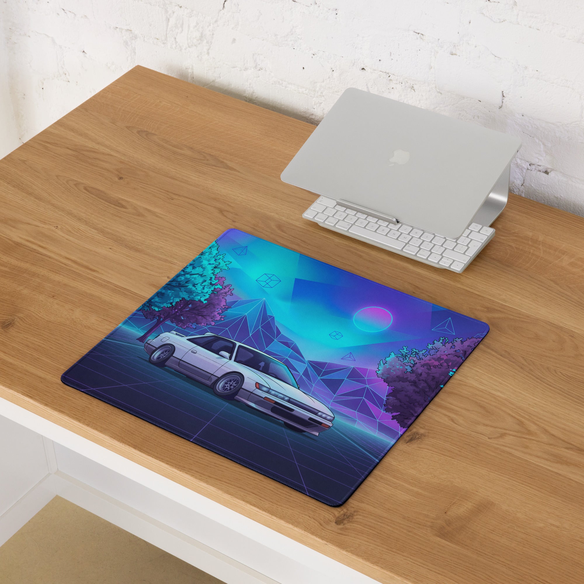 Nissan Silvia S13 Inspired White Blue Vaporwave Gaming Mouse Pad, Neon JDM Drift Car Desk Mat with Retro Futuristic Mountain Landscape Art