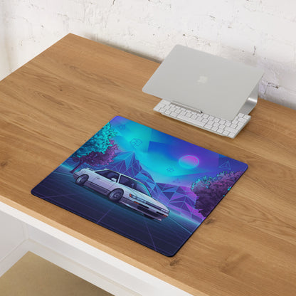 Nissan Silvia S13 Inspired White Blue Vaporwave Gaming Mouse Pad, Neon JDM Drift Car Desk Mat with Retro Futuristic Mountain Landscape Art