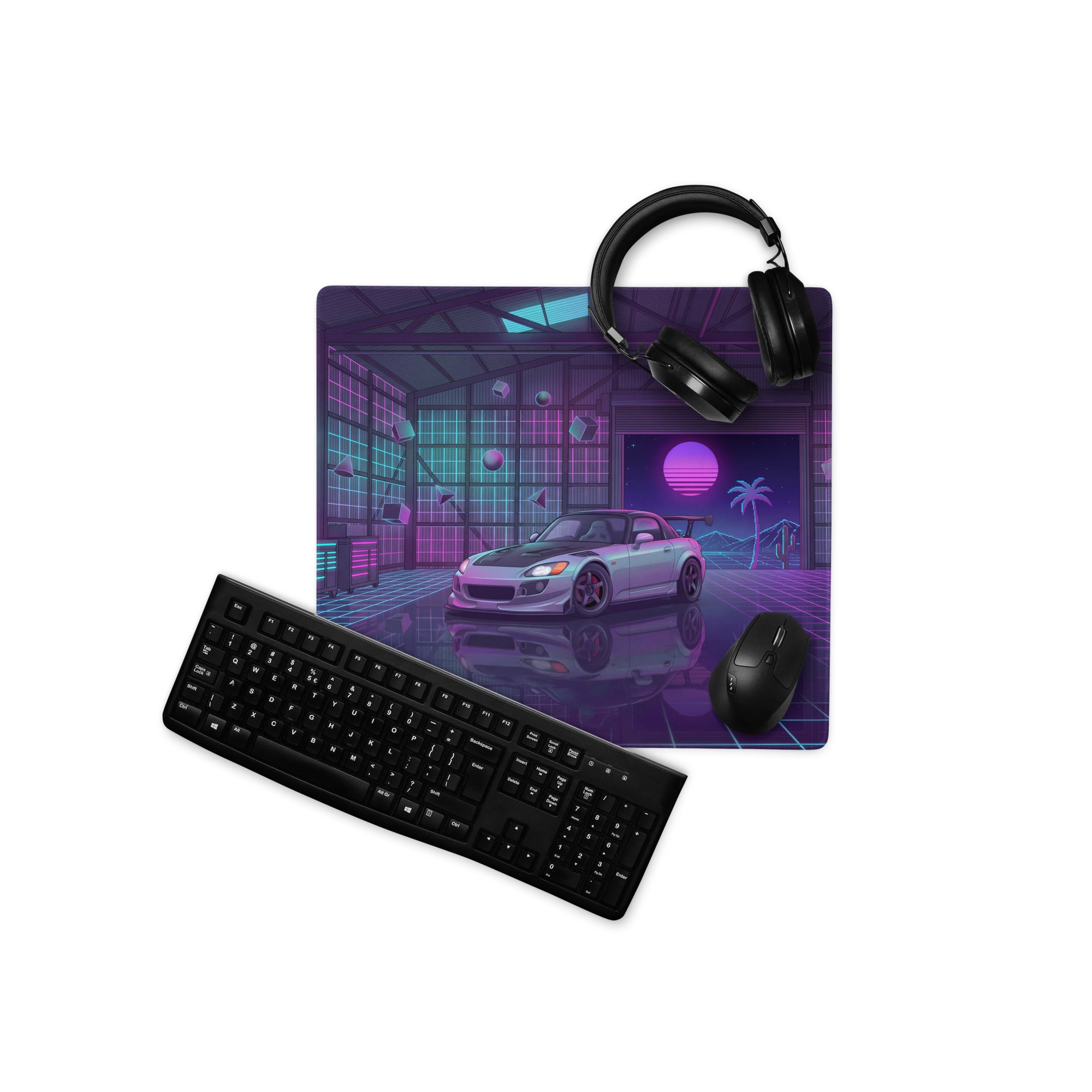 Honda S2000 AP1 Inspired Silver Purple Vaporwave Gaming Mouse Pad, Neon Retro Futuristic JDM Garage Desk Mat with Synthwave Sports Car Art