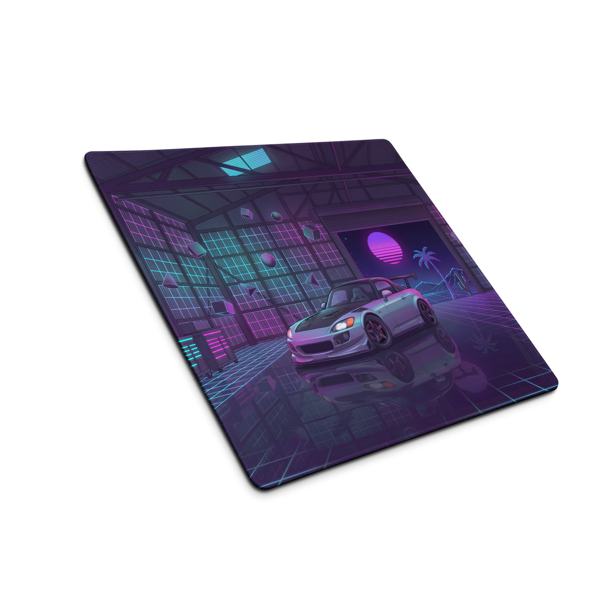 Honda S2000 AP1 Inspired Silver Purple Vaporwave Gaming Mouse Pad, Neon Retro Futuristic JDM Garage Desk Mat with Synthwave Sports Car Art