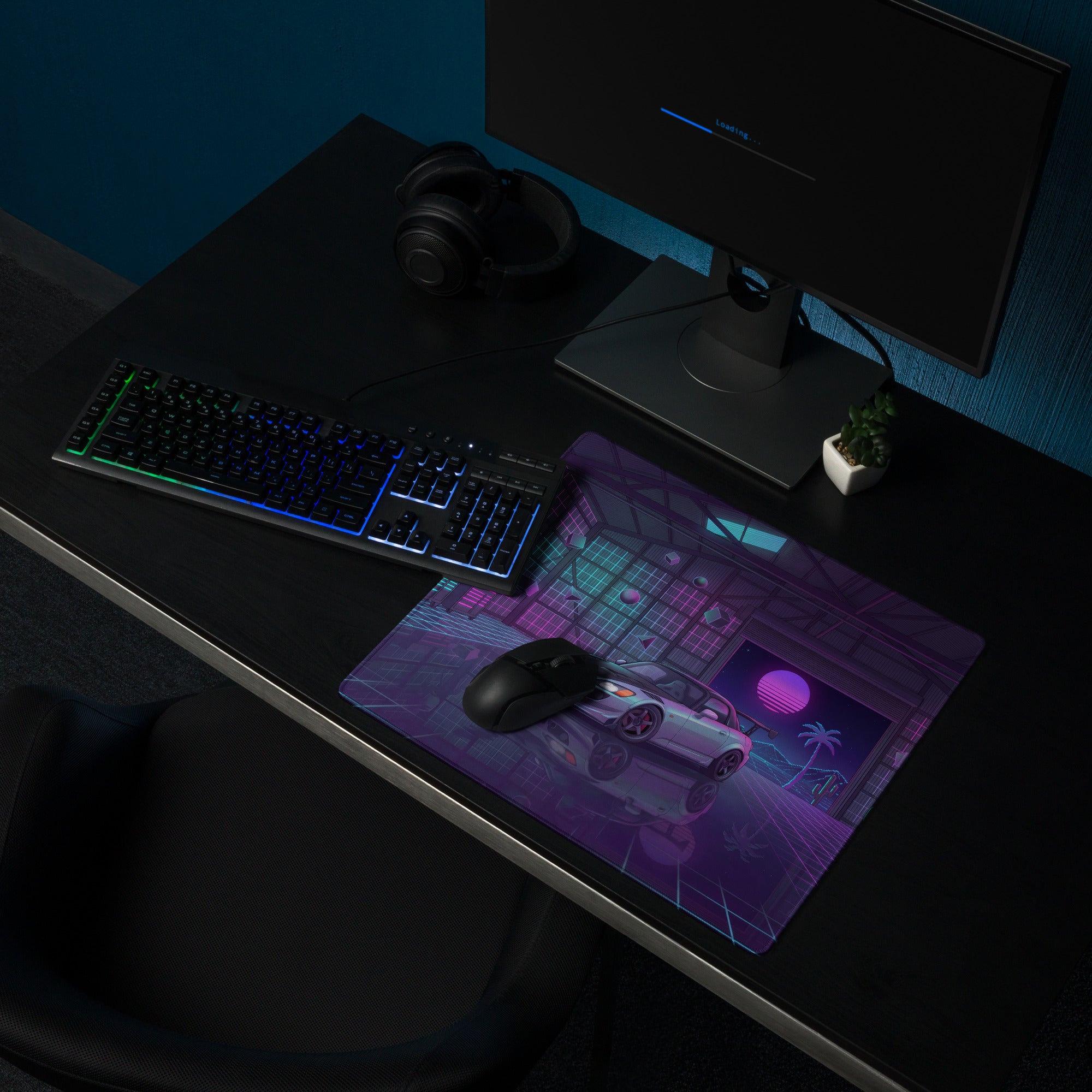 Honda S2000 AP1 Inspired Silver Purple Vaporwave Gaming Mouse Pad, Neon Retro Futuristic JDM Garage Desk Mat with Synthwave Sports Car Art
