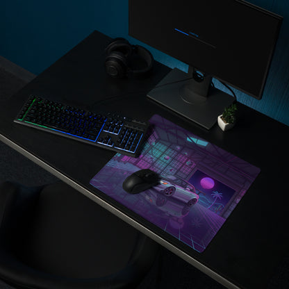 Honda S2000 AP1 Inspired Silver Purple Vaporwave Gaming Mouse Pad, Neon Retro Futuristic JDM Garage Desk Mat with Synthwave Sports Car Art