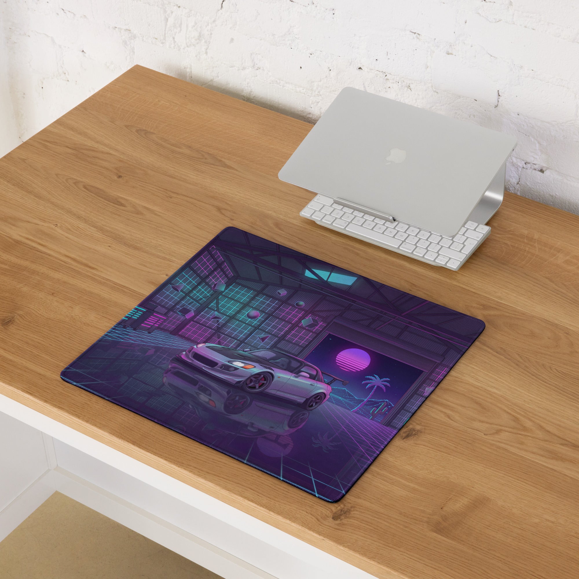 Honda S2000 AP1 Inspired Silver Purple Vaporwave Gaming Mouse Pad, Neon Retro Futuristic JDM Garage Desk Mat with Synthwave Sports Car Art
