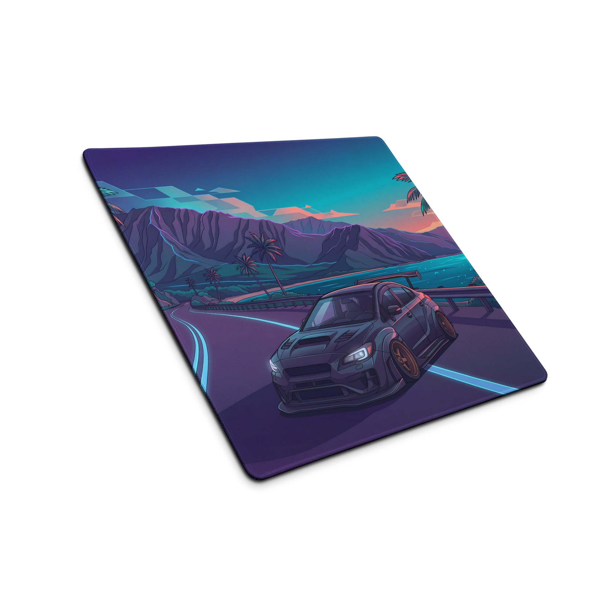 Subaru WRX STI VA Inspired Gray Blue Vaporwave Gaming Mouse Pad, Neon Tropical Coastal Road JDM Desk Mat with Retro Futuristic Rally Car Art