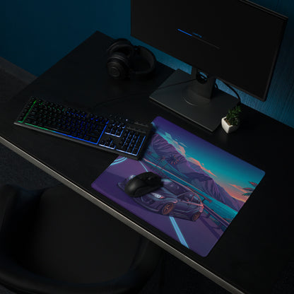 Subaru WRX STI VA Inspired Gray Blue Vaporwave Gaming Mouse Pad, Neon Tropical Coastal Road JDM Desk Mat with Retro Futuristic Rally Car Art
